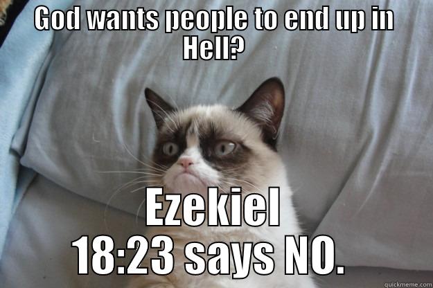 GOD WANTS PEOPLE TO END UP IN HELL? EZEKIEL 18:23 SAYS NO.  Grumpy Cat