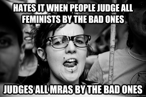 Hates it when people judge all feminists by the bad ones Judges all MRAs by the bad ones  Hypocrite Feminist