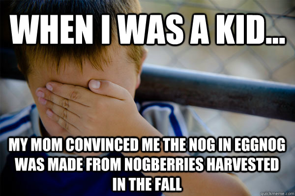 WHEN I WAS A KID... my mom convinced me the nog in eggnog was made from nogberries harvested in the fall  Confession kid