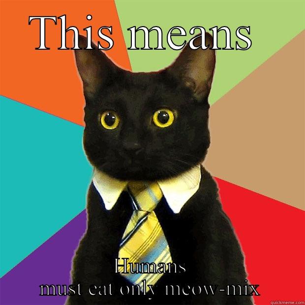 THIS MEANS  HUMANS MUST EAT ONLY MEOW-MIX Business Cat