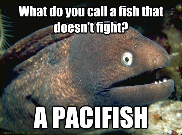 What do you call a fish that doesn't fight? A PACIFISH  Bad Joke Eel