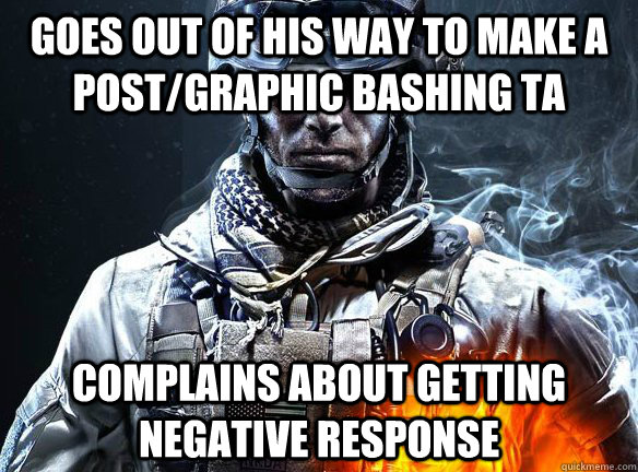 Goes out of his way to make a post/graphic bashing TA Complains about getting negative response  Battlefield 3