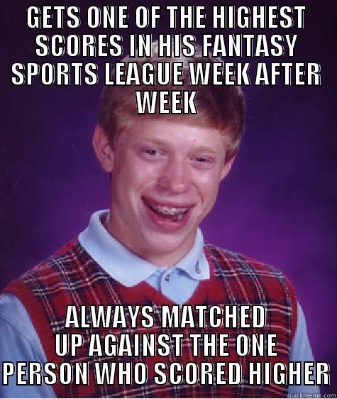 GETS ONE OF THE HIGHEST SCORES IN HIS FANTASY SPORTS LEAGUE WEEK AFTER WEEK ALWAYS MATCHED UP AGAINST THE ONE PERSON WHO SCORED HIGHER Bad Luck Brian