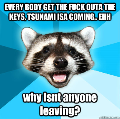 EVERY BODY GET THE FUCK OUTA THE KEYS, TSUNAMI ISA COMING.. EHH why isnt anyone leaving? - EVERY BODY GET THE FUCK OUTA THE KEYS, TSUNAMI ISA COMING.. EHH why isnt anyone leaving?  Lame Pun Coon