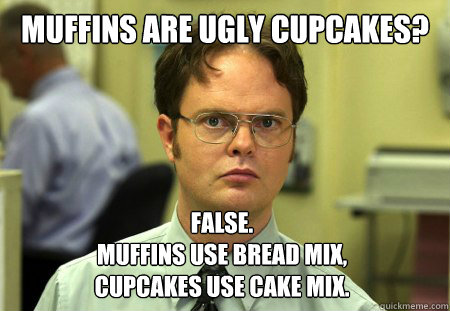 Muffins are ugly cupcakes? False.
Muffins use bread mix,
Cupcakes use cake mix.  Dwight