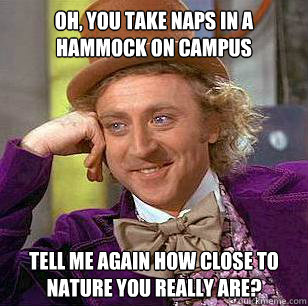 Oh, you take naps in a hammock on campus Tell me again how close to nature you really are?  Condescending Wonka