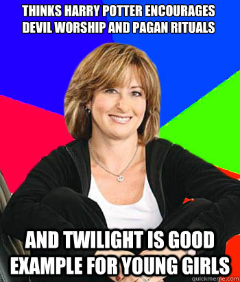 thinks Harry potter encourages devil worship and pagan rituals and Twilight is good example for young girls  Sheltering Suburban Mom