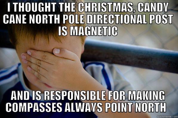 Magnets, how do they work?!? - I THOUGHT THE CHRISTMAS, CANDY CANE NORTH POLE DIRECTIONAL POST IS MAGNETIC AND IS RESPONSIBLE FOR MAKING COMPASSES ALWAYS POINT NORTH   Confession kid