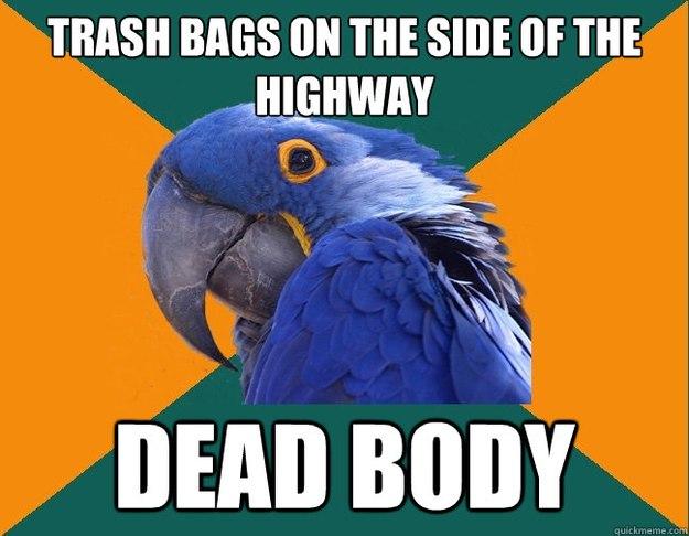 Trash bags on the side of the highway dead body  