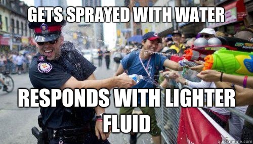 Gets sprayed with water responds with lighter fluid - Gets sprayed with water responds with lighter fluid  Good Guy Cop