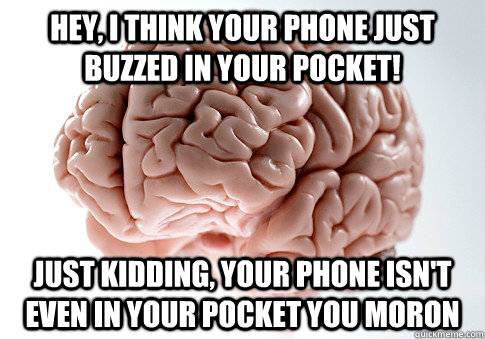 Hey, I think your phone just buzzed in your pocket! just kidding, your phone isn't even in your pocket you moron  Scumbag Brain