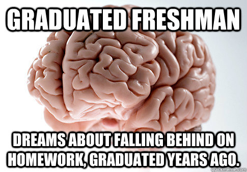 Graduated Freshman Dreams about falling behind on homework, graduated years ago.  Scumbag Brain