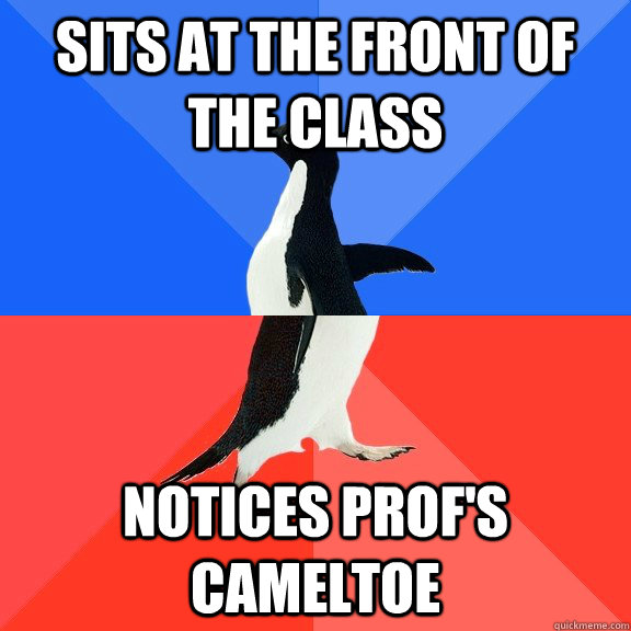 Sits at the front of the class Notices Prof's cameltoe  Socially Awkward Awesome Penguin