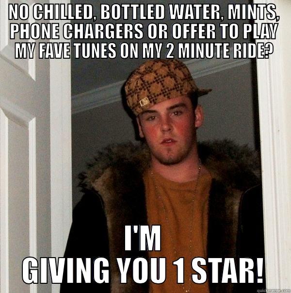 SCUMBAG UBER PASSENGER - NO CHILLED, BOTTLED WATER, MINTS, PHONE CHARGERS OR OFFER TO PLAY MY FAVE TUNES ON MY 2 MINUTE RIDE? I'M GIVING YOU 1 STAR! Scumbag Steve