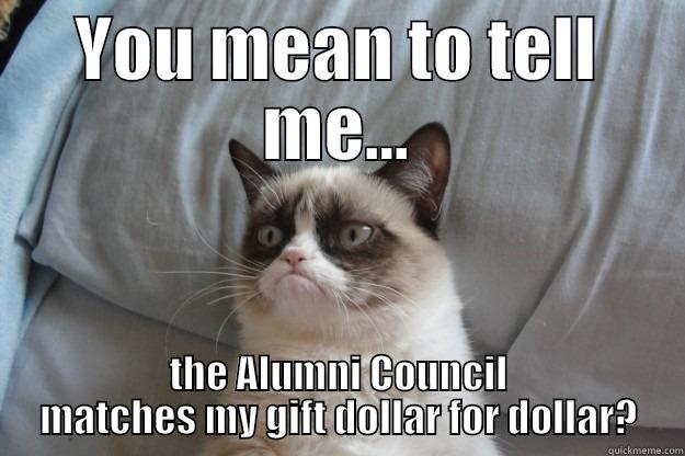 YOU MEAN TO TELL ME... THE ALUMNI COUNCIL MATCHES MY GIFT DOLLAR FOR DOLLAR? Grumpy Cat