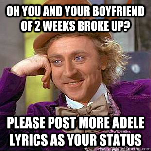 oh you and your boyfriend of 2 weeks broke up? please post more Adele lyrics as your status  Condescending Wonka