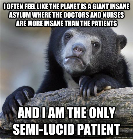 I often feel like the planet is a giant insane asylum where the doctors and nurses are more insane than the patients And I am the only semi-lucid patient - I often feel like the planet is a giant insane asylum where the doctors and nurses are more insane than the patients And I am the only semi-lucid patient  Confession Bear