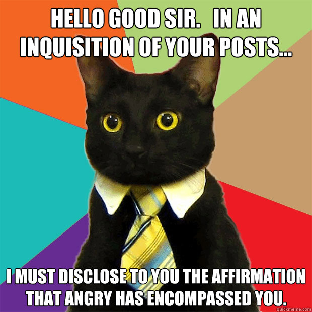 Hello Good Sir.   In an inquisition of your posts... I must disclose to you the affirmation that angry has encompassed you.    Business Cat