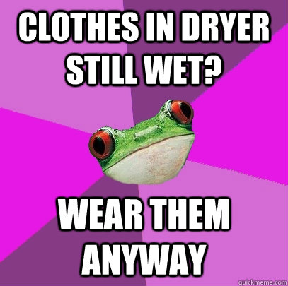 clothes in dryer still wet? wear them anyway  Foul Bachelorette Frog