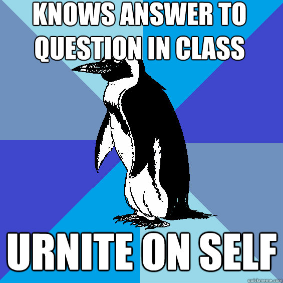 knows answer to question in class urnite on self - knows answer to question in class urnite on self  Unreasonably Socially Awkward Penguin