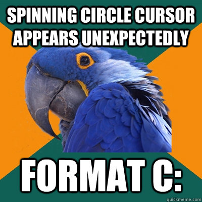 spinning circle cursor appears unexpectedly format c: - spinning circle cursor appears unexpectedly format c:  Paranoid Parrot