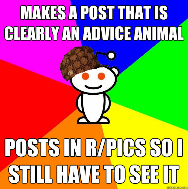 Makes a post that is clearly an advice animal Posts in r/pics so I still have to see it  Scumbag Redditor