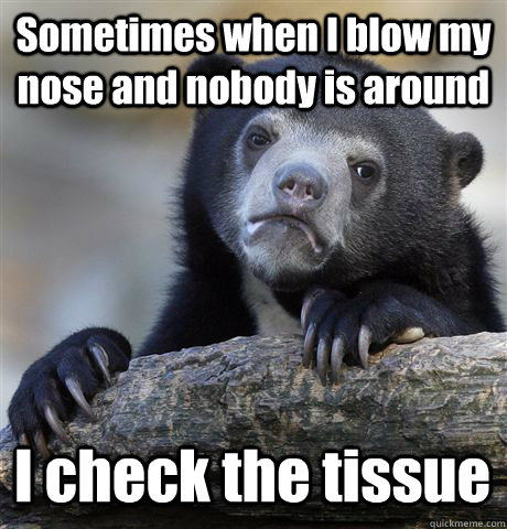 Sometimes when I blow my nose and nobody is around I check the tissue  Confession Bear