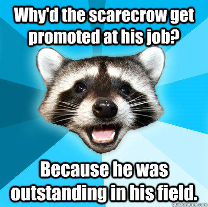 Why'd the scarecrow get promoted at his job? Because he was outstanding in his field.  