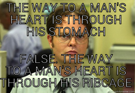 THE WAY TO A MAN'S HEART IS THROUGH HIS STOMACH FALSE. THE WAY TO A MAN'S HEART IS THROUGH HIS RIBCAGE Schrute