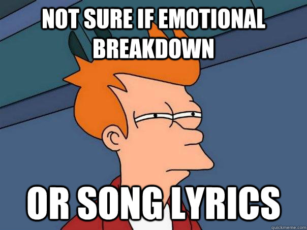 not sure if emotional breakdown or song lyrics  Futurama Fry