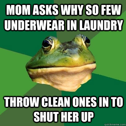 Mom asks why so few underwear in laundry Throw clean ones in to shut her up - Mom asks why so few underwear in laundry Throw clean ones in to shut her up  Foul Bachelor Frog