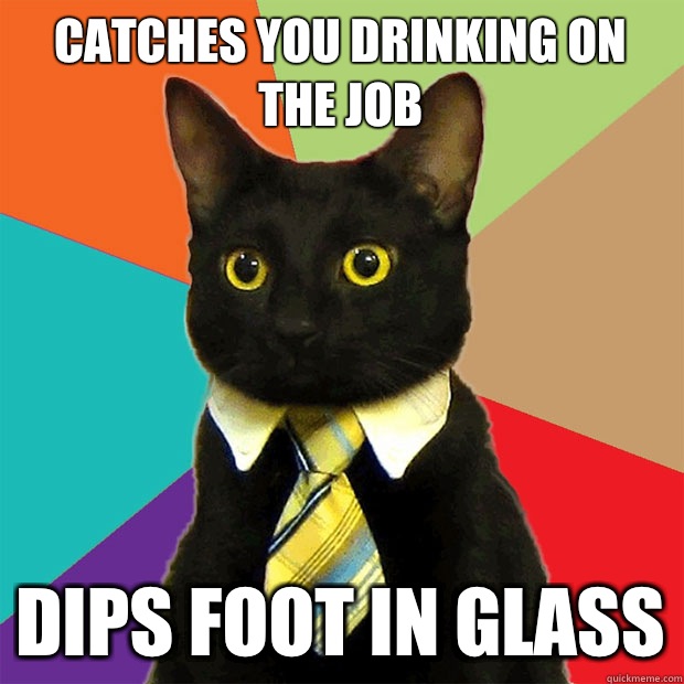 Catches you drinking on the job Dips foot in glass  Business Cat