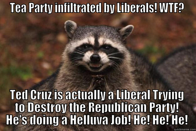 TEACOON!  - TEA PARTY INFILTRATED BY LIBERALS! WTF? TED CRUZ IS ACTUALLY A LIBERAL TRYING TO DESTROY THE REPUBLICAN PARTY! HE'S DOING A HELLUVA JOB! HE! HE! HE! Evil Plotting Raccoon