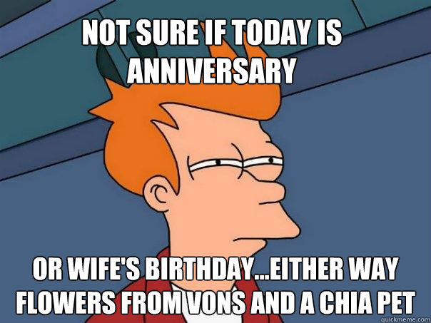 Not sure if today is anniversary  or wife's birthday...either way flowers from vons and a chia pet   Futurama Fry