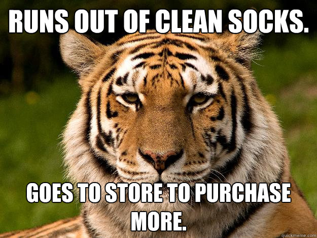 Runs out of clean socks. Goes to store to purchase more.   