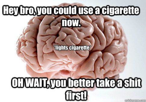 OH WAIT, you better take a shit first! Hey bro, you could use a cigarette now. *lights cigarette*  Scumbag Brain