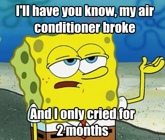 I'll have you know, my air conditioner broke And I only cried for                        2 months  How tough am I