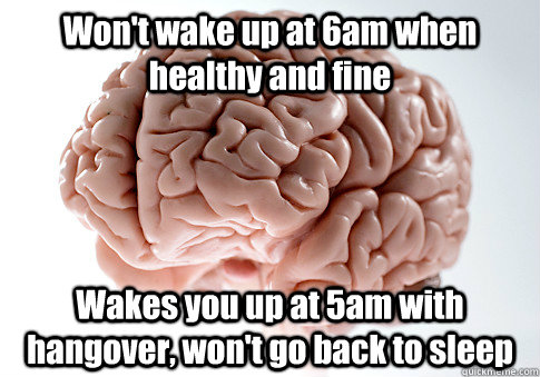 Won't wake up at 6am when healthy and fine Wakes you up at 5am with hangover, won't go back to sleep  - Won't wake up at 6am when healthy and fine Wakes you up at 5am with hangover, won't go back to sleep   Scumbag Brain