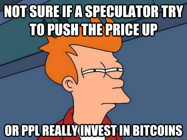 Not sure if a speculator try to push the price up  Or ppl really invest in bitcoins  - Not sure if a speculator try to push the price up  Or ppl really invest in bitcoins   Futurama Fry