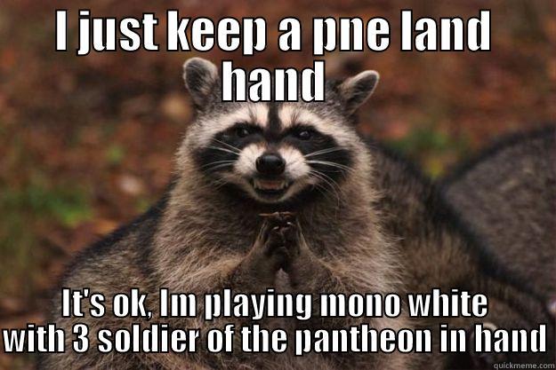 I JUST KEEP A PNE LAND HAND IT'S OK, IM PLAYING MONO WHITE WITH 3 SOLDIER OF THE PANTHEON IN HAND Evil Plotting Raccoon