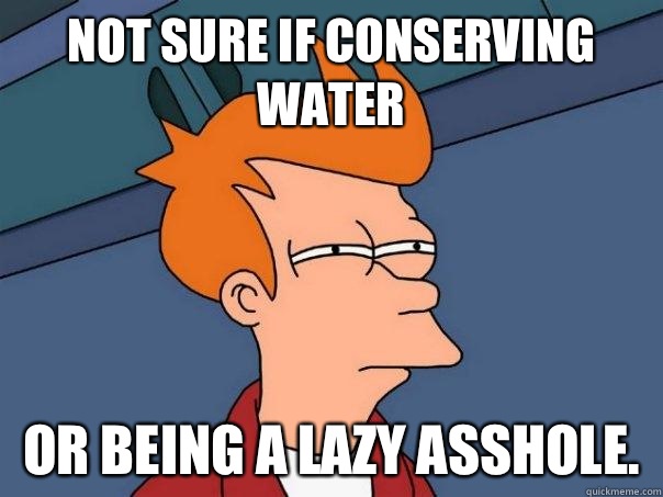 Not sure if conserving water Or being a lazy asshole.  Futurama Fry