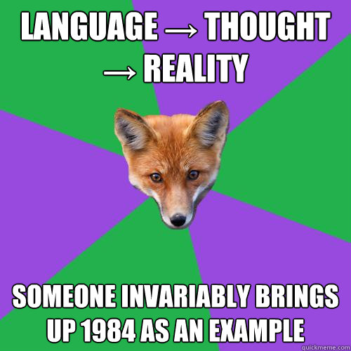 Language → thought → reality  Someone invariably brings up 1984 as an example  Anthropology Major Fox