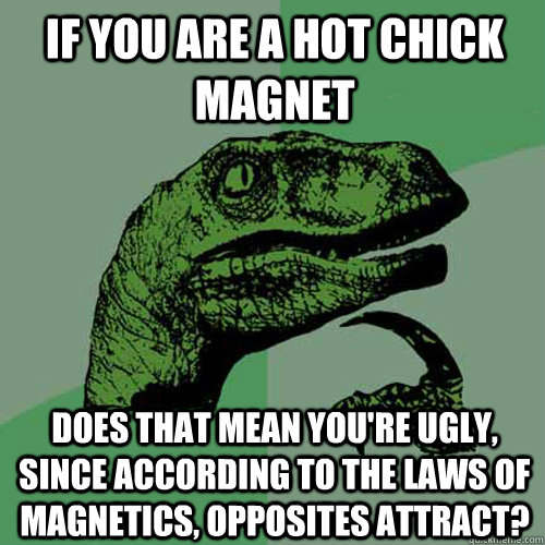 If you are a hot chick magnet Does that mean you're ugly, since according to the laws of magnetics, opposites attract? - If you are a hot chick magnet Does that mean you're ugly, since according to the laws of magnetics, opposites attract?  Philosoraptor