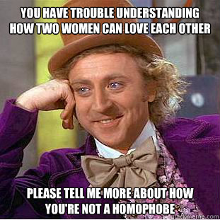 You have trouble understanding how two women can love each other please tell me more about how you're not a homophobe  Condescending Wonka