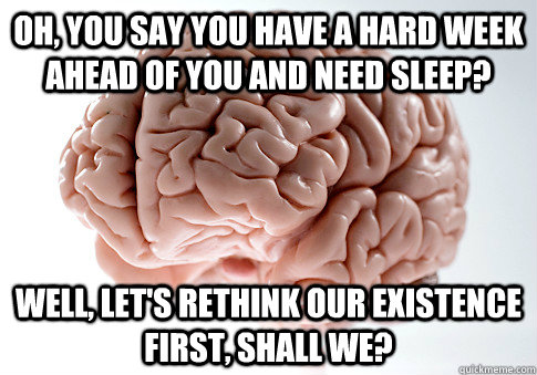 Oh, you say you have a hard week ahead of you and need sleep? Well, let's rethink our existence first, shall we?  Scumbag Brain