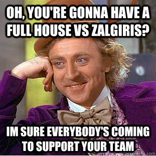 Oh, you're gonna have a full house vs Zalgiris? Im sure everybody's coming to support your team  Condescending Wonka