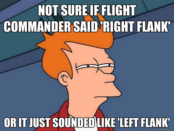 Not sure if flight commander said 'right flank' Or it just sounded like 'left flank'  Futurama Fry