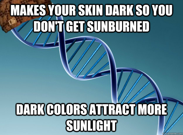 makes your skin dark so you don't get sunburned  dark colors attract more sunlight  Scumbag Genetics