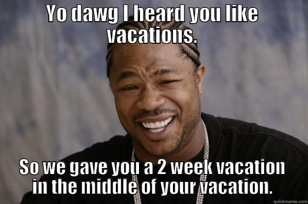 YO DAWG I HEARD YOU LIKE VACATIONS. SO WE GAVE YOU A 2 WEEK VACATION IN THE MIDDLE OF YOUR VACATION. Xzibit meme