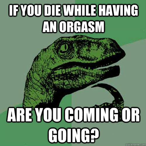 If you die while having an orgasm are you coming or going?  Philosoraptor